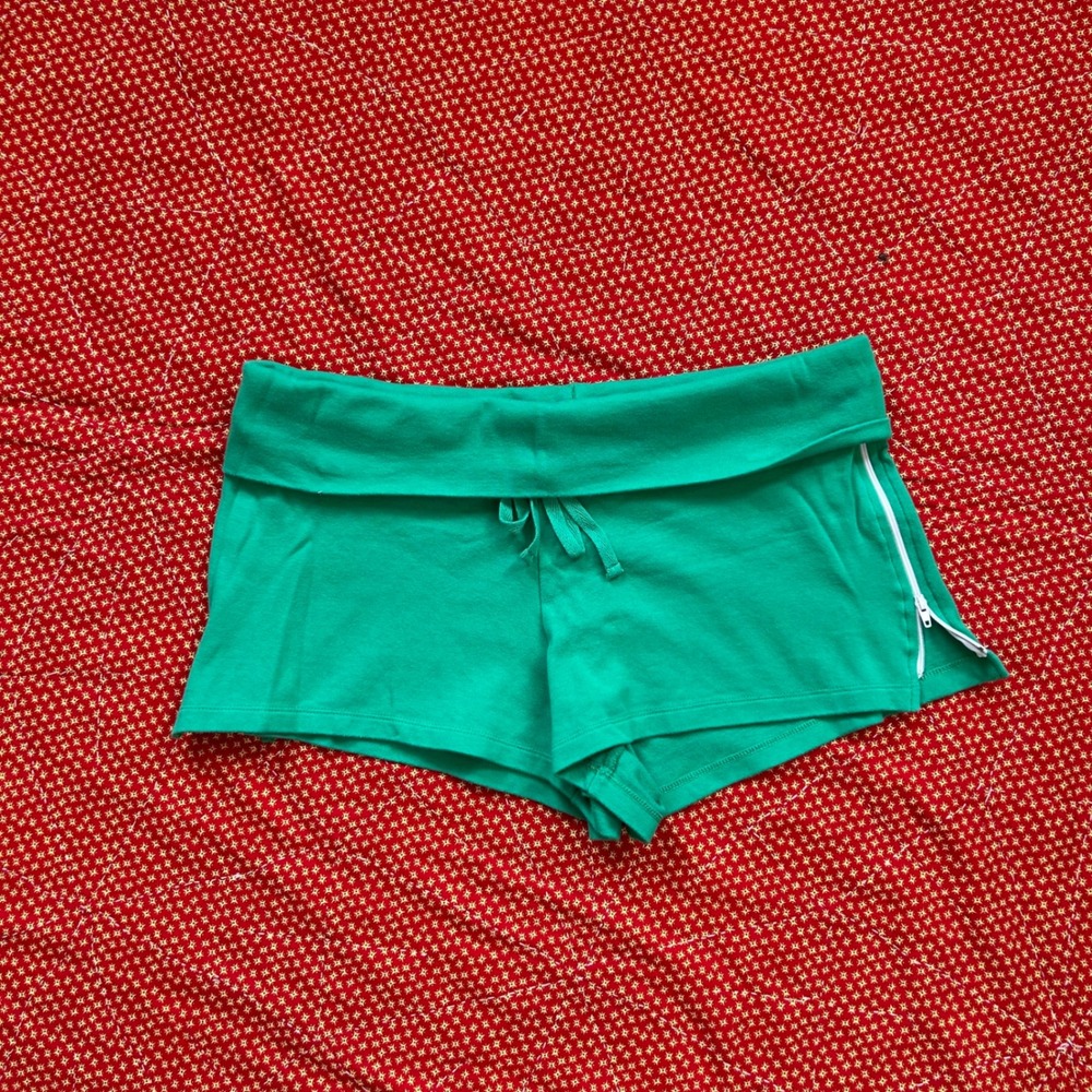 Vtg 2000s No Boundaries Green Foldover Waist Side Zip low rise micro Shorts